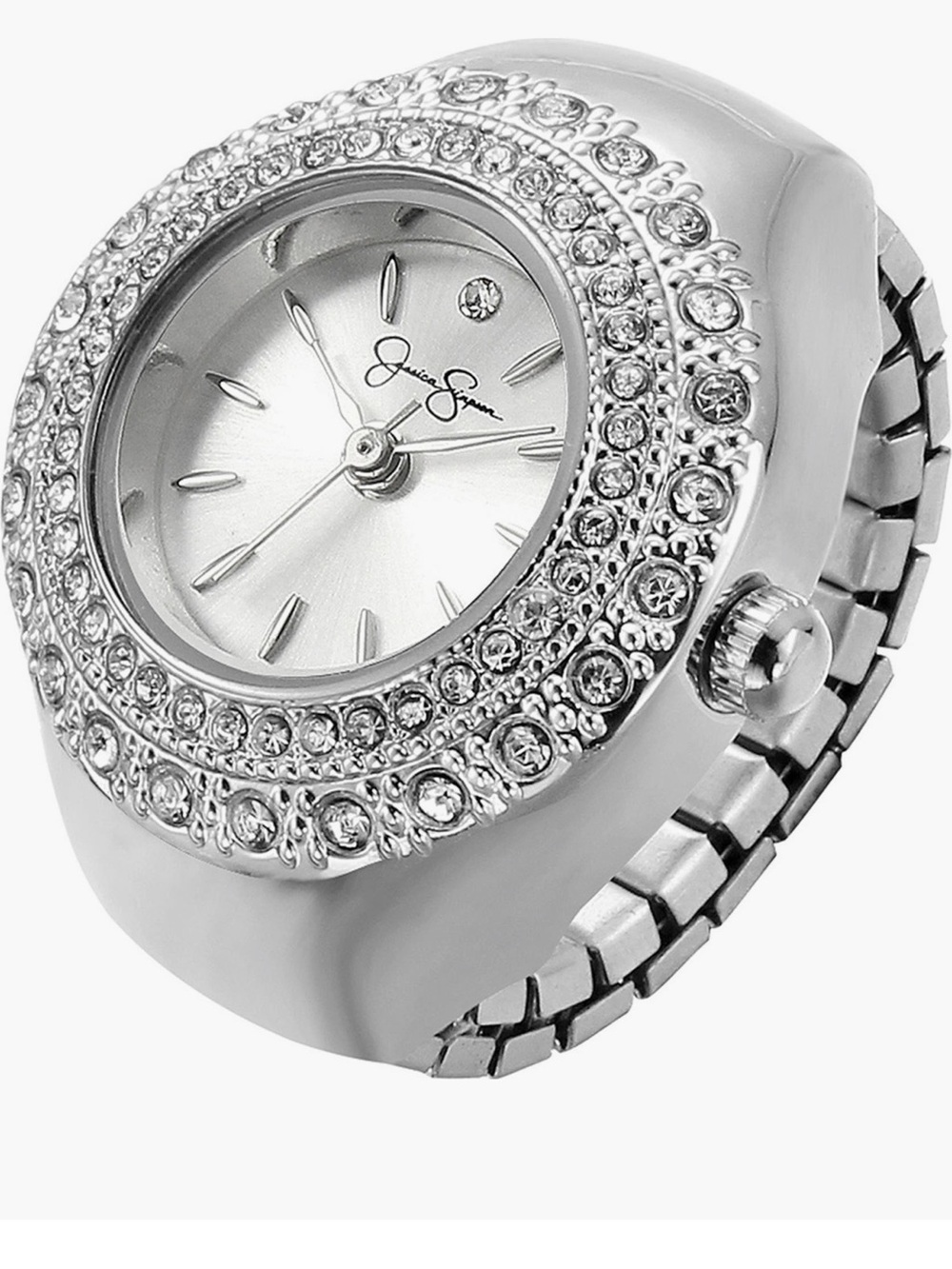 Jessica Simpson Silver Crystal-Embellished Bracelet Watch Ring 22mm